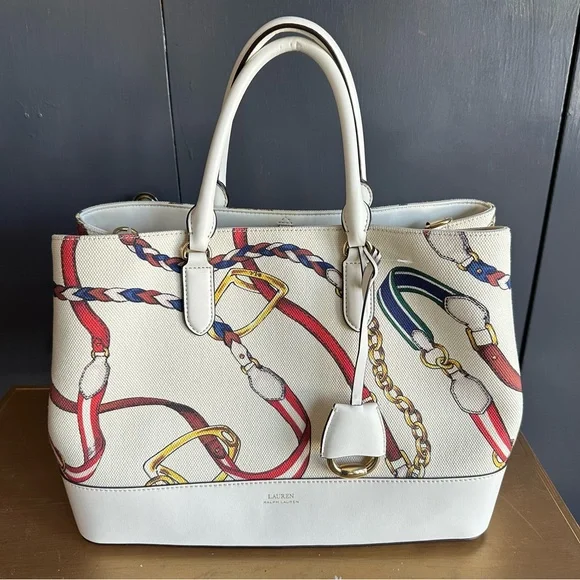 NWT Lauren Ralph Lauren Marcy Equestrian Satchel in “Vanilla Sig Belting” Print - Picture 2 of 4